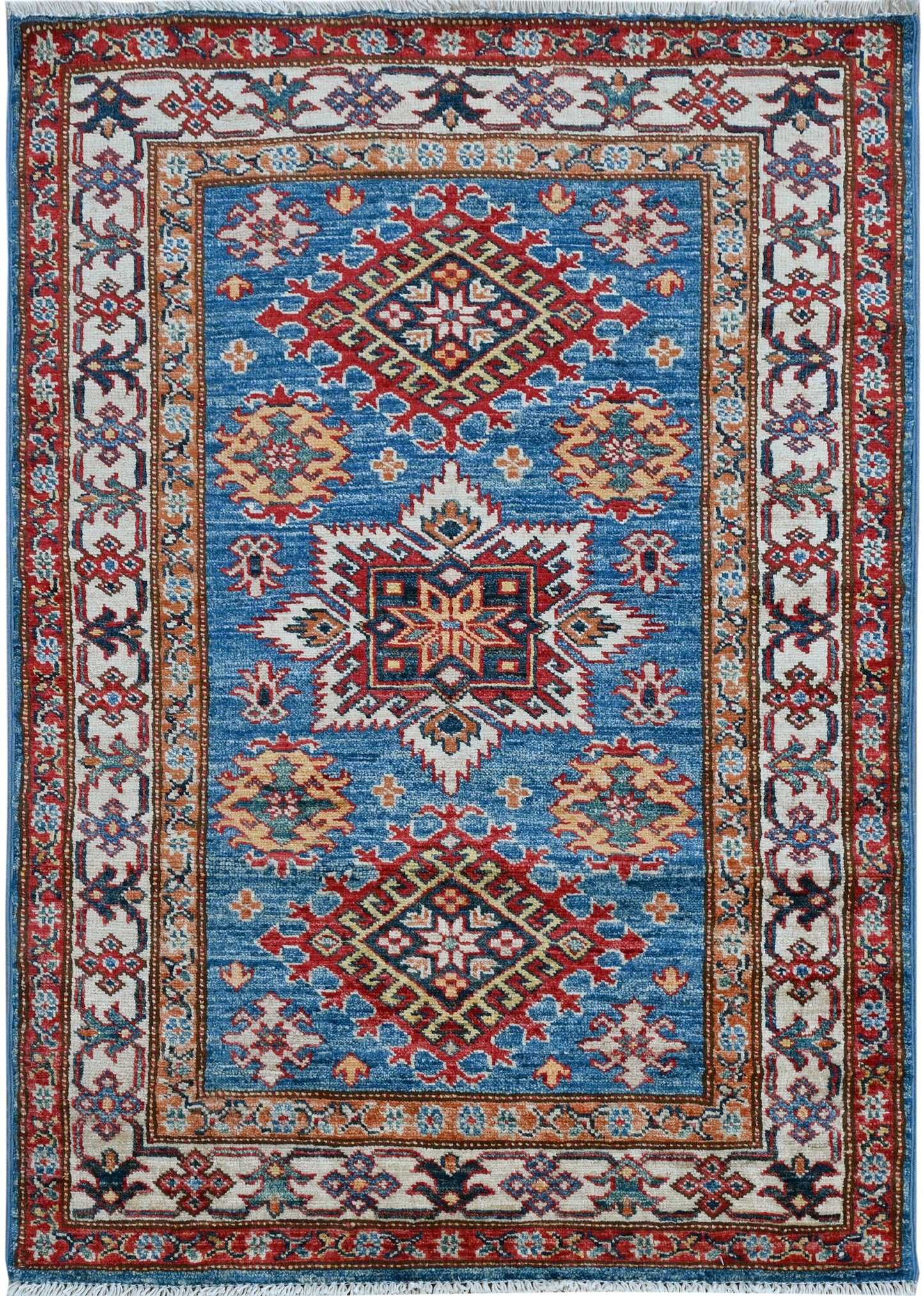 Wool Kazakh Carpet | 4'1" x 2'10" | Home Decor | Hand-Knotted Flatweave Rug