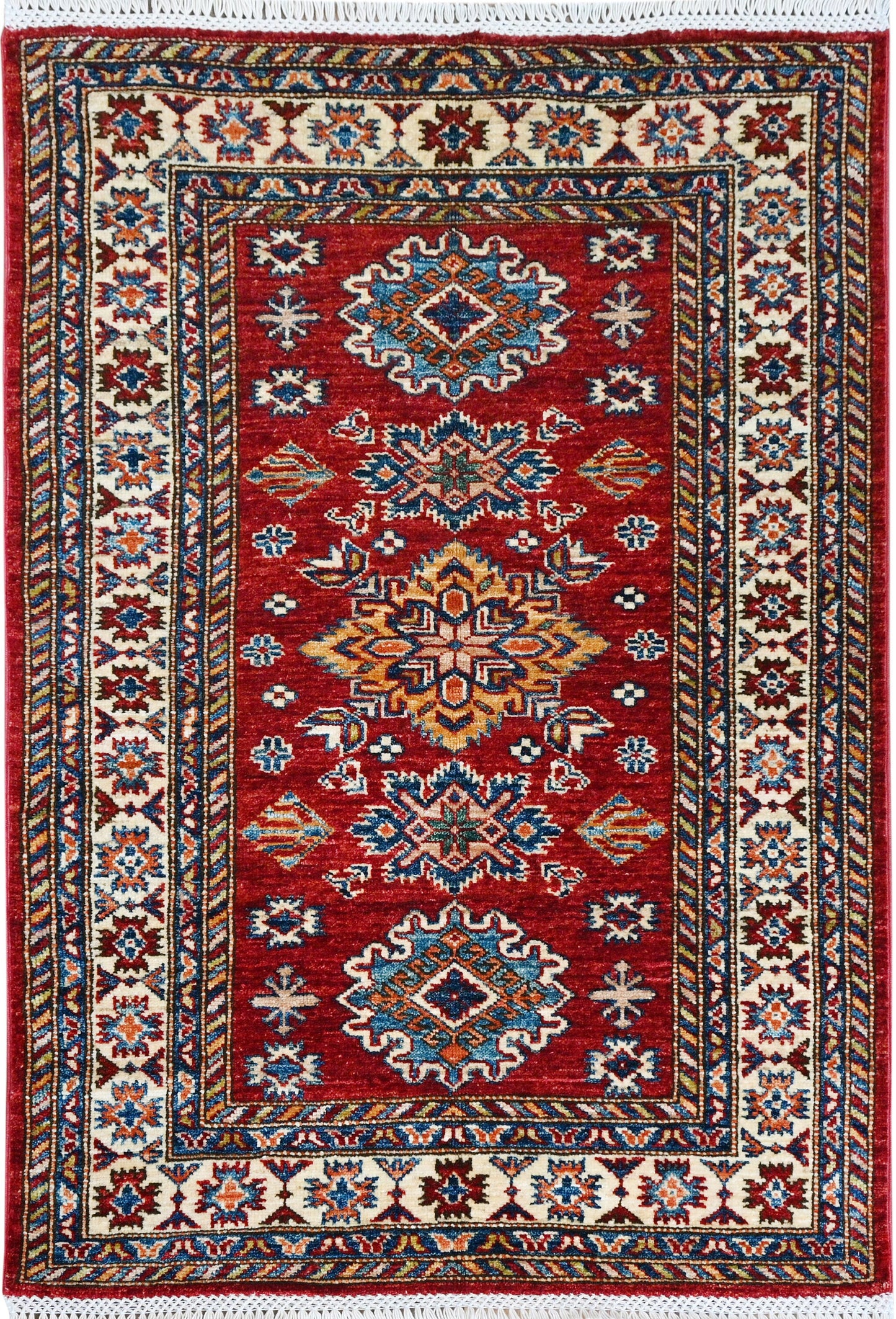 Wool Kazakh Carpet | 4'2" x 2'11" | Home Decor | Hand-Knotted Flatweave Rug