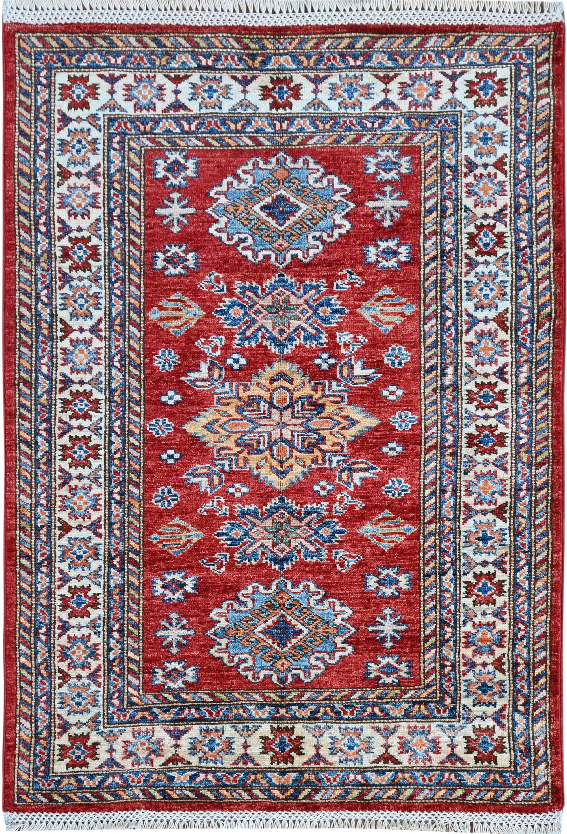 Wool Kazakh Carpet | 4'2" x 2'11" | Home Decor | Hand-Knotted Flatweave Rug