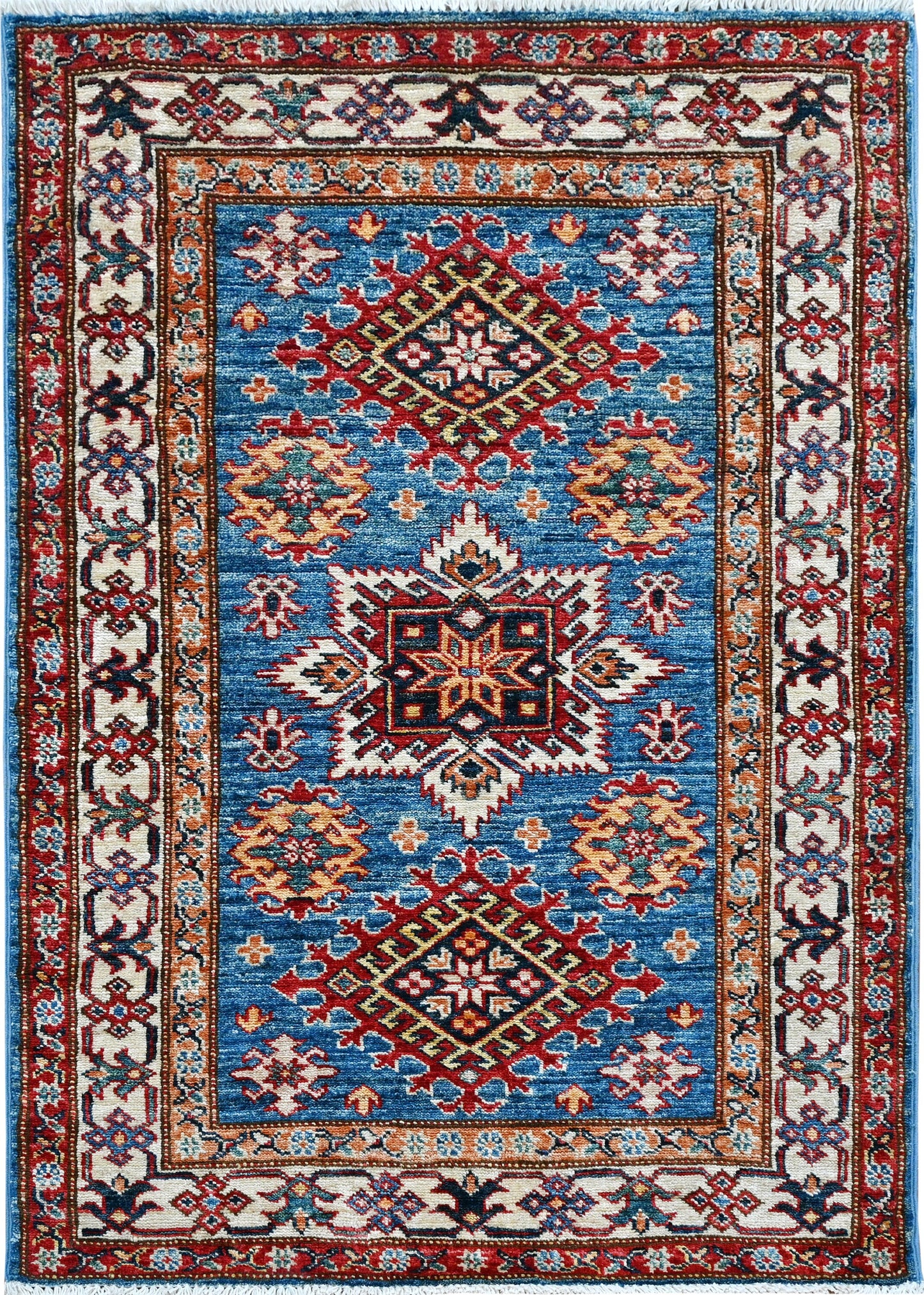 Wool Kazakh Carpet | 4'1" x 2'10" | Home Decor | Hand-Knotted Flatweave Rug