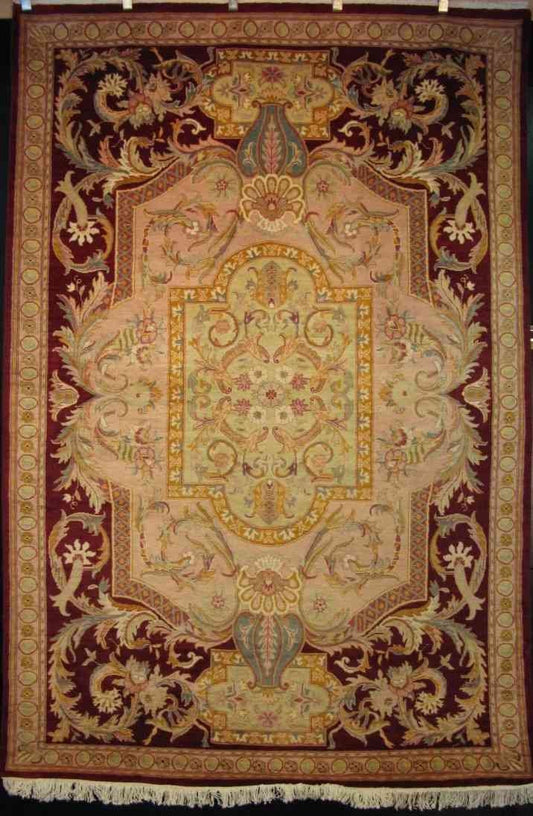 Aubusson Wool Carpet | 9' x 6' | Hand-knotted French European Style Rug | All Natural Organic Dyes