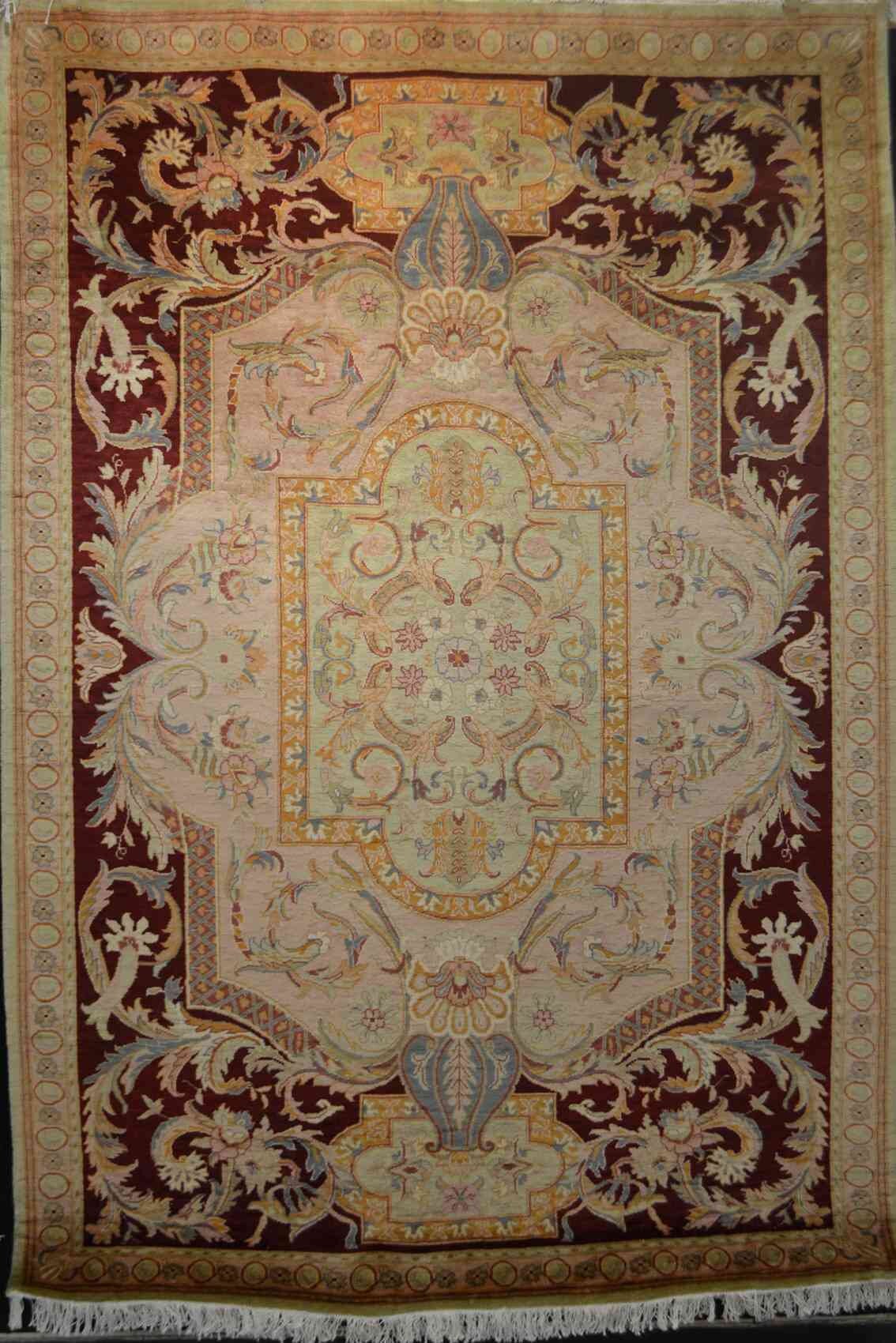 Aubusson Wool pile Carpet | 8'11" x 6'3" | Hand-knotted Savonerie Rug | All Natural Organic Dyes